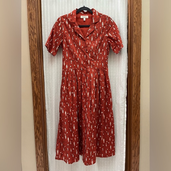 SEASALT CHARLOTTE ORANGE FISH SHORT SLEEVE MIDI FIT & FLARE DRESS size 6 - Picture 10 of 11